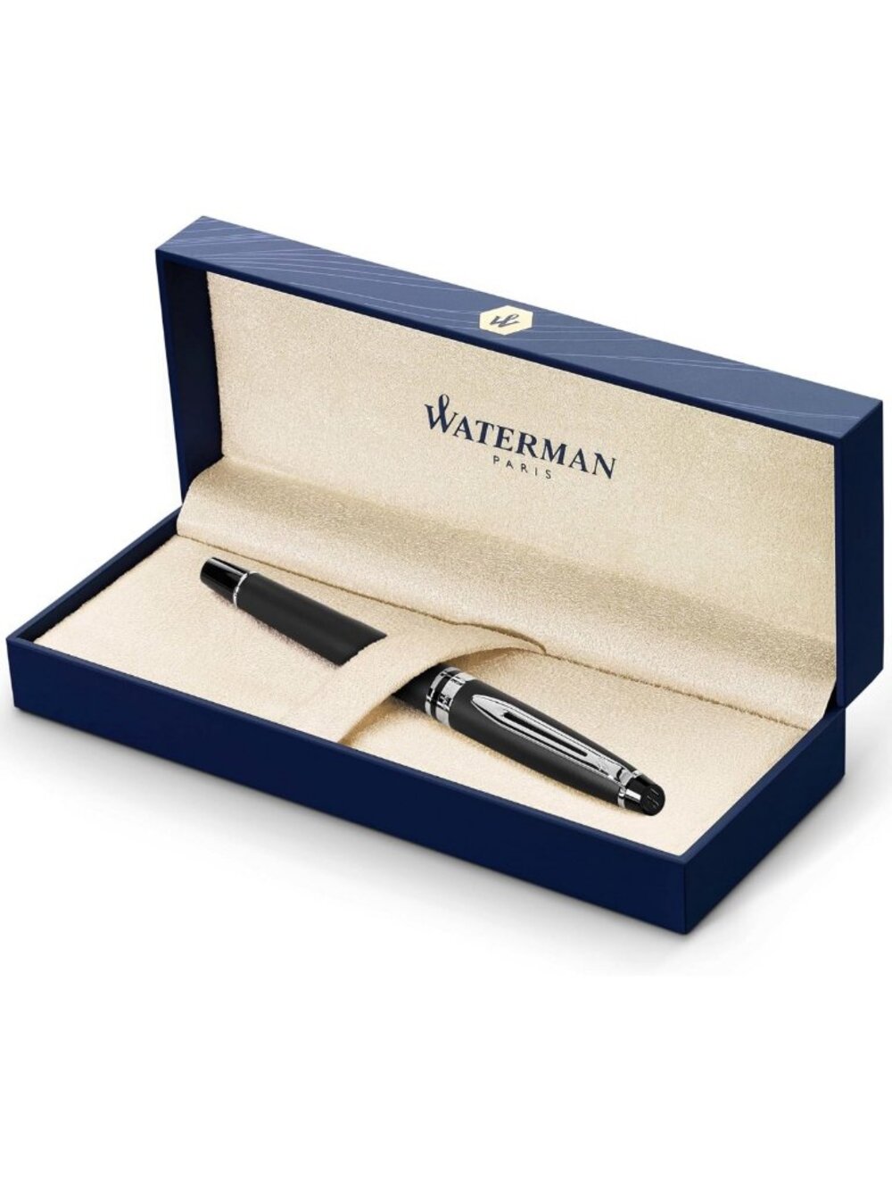 Matte Black Fountain Pen with Chrome Trim, Medium Nib, Blue Ink, Gift Boxed